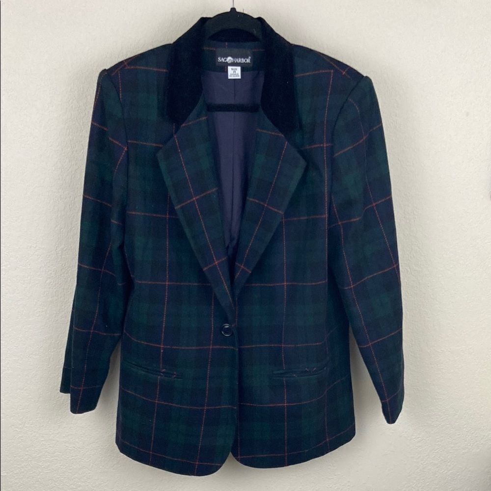 Vintage Sag Harbor Plaid Wool Blazer with Velvet Collar size 14